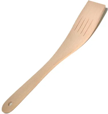 Produktbild von Durchbrochene Holzschaufel, gebogen, schmal, 29 cm | Bratwender aus Holz | Küchenspatel aus Holz | Küchenaccessoire aus Holz
