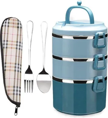 Produktbild von 3-lagiger Edelstahl-Lunchbox, blau, lekvrij, stapelbar