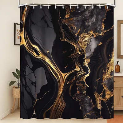 Obrázok produktu pre Omgoods – Luxusná záclona do sprchy, čierno-zlatá, s motívom mramoru, 180 x 240 cm, vodeodolná a umývateľná