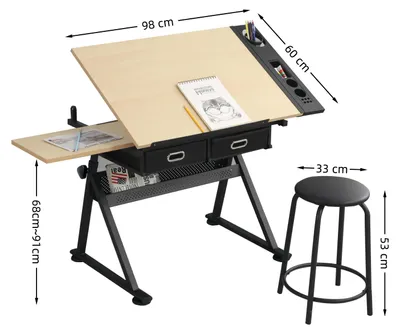 Produktbild von Zeichentisch Schreibtisch - Höhenverstellbar und neigbar - Metallgestell - Mit 2 Schubladen und Hocker - Für Homeoffice, Büro und Schule