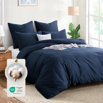Immagine prodotto di TRANKIELO® - Set di lenzuola 200x220 in cotone blu - 3 pezzi con chiusura a zip, traspirante,  Oeko-Tex