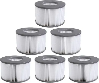A set of six white and gray cylindrical water filters arranged in two rows on a white background.