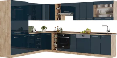 Produktbild von Vicco Eckküche Fame-Line, 257 x 60 cm , AP Marmor, Dunkelblau Hochglanz/Goldkraft Eiche
