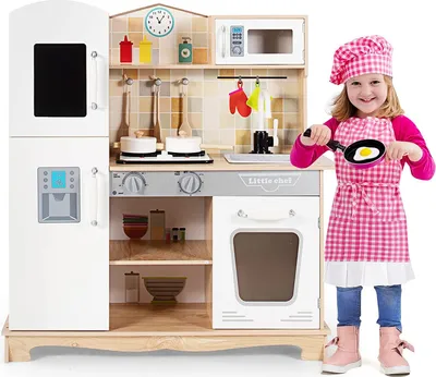 Produktbild von GOPLUS Kinderküche aus Holz, Küche für Kinder, Spielküche mit Holz Zubehör & Spüle & Backofen & Kochfeld & Kühlschrank, Holzküche mit Sundeffekte & Licht
