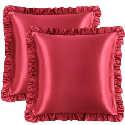 Zdjęcie produktu dla Zestaw 2 poszewek na poduszki satynowych, bordowych, z falbankami, 80x80 cm