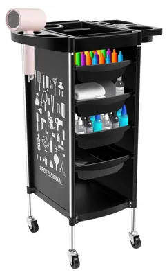 Produktbild von Friseurwagen - Salon Trolley Arbeitswagen - Rollwagen mit 4 Ablagen Schubladen - Kosmetikwagen auf Rollen - Schwarz
