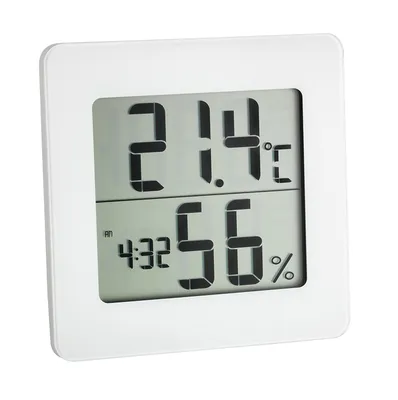 A digital thermo-hygrometer displaying temperature and humidity.