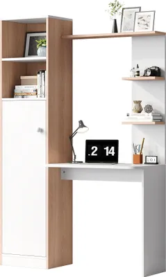 Produktbild von Merax Schreibtisch Arbeitstisch mit Bücherregal, geschlossenen Schrank und Offenen Regalen, Computertisch, Bürotisch, 123,5x45x168,5 cm, Weiß+Natur