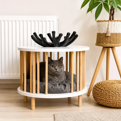 Image de Table d'appoint en forme de grotte pour chat, ronde, servant également de table de chevet, de table basse ou de table d'appoint, en bois, de couleur noir marbré