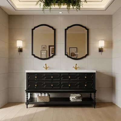 Produktbild von Freistehendes Sinterstein Waschbecken Set, Badezimmer Waschtisch Set, Modernes Badmöbel Set, mit Armaturenloch Schwarz 130*55cm /SJLSH/