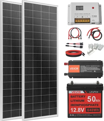 Obrázek produktu pro VEVOR, kompletní solární systém o výkonu 200 W, off-grid systém, včetně 2 kusů monokrystalických solárních panelů o výkonu 100 W, 12,8 V, 50 Ah, LiFePO4 baterie, 40A nabíječky a 12V měniče o výkonu 800 W. Fotovoltaický off-grid systém pro domácnosti a karavany