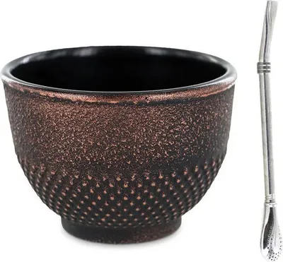 Produktbild von Tasse aus Gusseisen 0,15 L Schwarz & Bronze + Edelstahlstrohhalm mit Filter