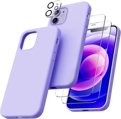 Image de ORNARTO iPhone 12/12 Pro 6.1 étui silicone + 2 x film de protection + 2 x protection caméra Violet clair