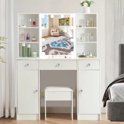 Zdjęcie produktu dla Stolik kosmetyczny Famanu z oświetleniem LED i dużym lustrem - 3 kolory - regulowana jasność - nowoczesny, biały