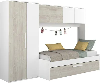 Immagine prodotto di Letto estraibile 2 x 90 x 200 cm - Con armadio - Bianco e naturale - LUMOKA