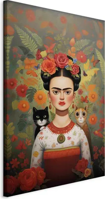 Produktbild von Wandbilder XXL Frida Kahlo 80x120 cm 1 tlg  Wand Deko Leinwand Bilder Groß Wohnzimmer Mit zwei Katzen Frau Porträt Abstraktion h-H-10058-b-a