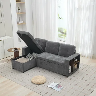 Produktbild von Merax Ecksofa mit Stauraum, Chenille Couch L-Form, Schlafsofa 3-Sitzer mit Armlehnenregalen, Chaiselongue links/rechts montierbar, Grau