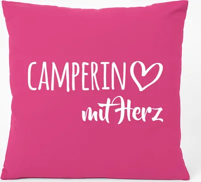 Produktbild von Huuraa Kissen Camperin mit Herz 40x40cm mit Füllung Fuchsia Baumwolle Dekokissen Geschenkidee