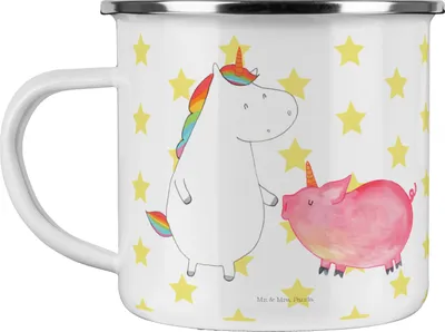 Produktbild von Mr. & Mrs. Panda Teetasse Einhorn Schwein - Weiß - Geschenk, Pott, Schweinhorn, Teebecher, Emaille Tasse, Unicorn, Freundin, Einhörner, Campingbecher, Becher