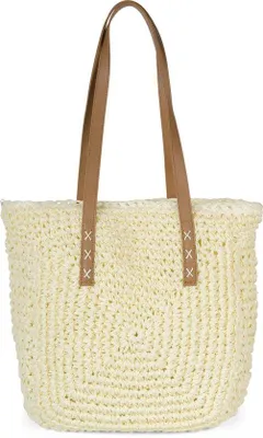Produktbild von styleBREAKER Papierstroh Schultertasche mit langen Henkeln | Damen Basttasche Korbtasche geflochten mit Reißverschluss | Boho Shopper Sommertasche 40 x 40 x 5 cm