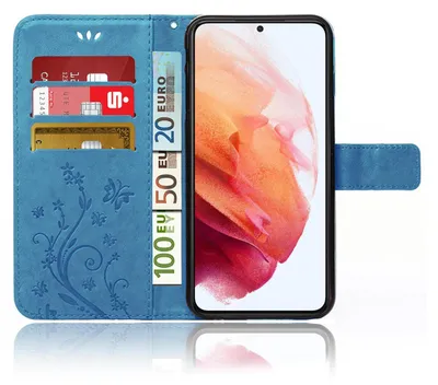 Produktbild von Handy Tasche für Samsung Galaxy S21 FE Schutz Hülle Handyhülle mit Blumenmuster Klapp Hülle mit Standfunktion und Kartenfächer Blau
