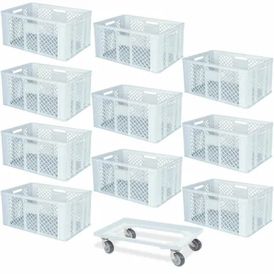 Produktbild von 10 Euroboxen, 600x400x320 mm, lebensmittelecht, weiß + Transportroller