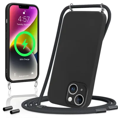 Immagine prodotto di Custodia magnetica per iPhone 15 - Silicone morbido con cordino - Colore nero