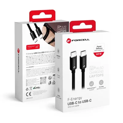 Obrázok produktu pre Kábel FORCELL typ C na typ C QC4.0 3A/20V PD60W C338 3m čierny