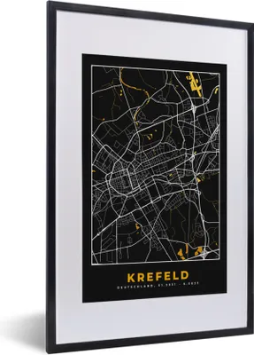 Produktbild von MuchoWow® Gerahmtes Poster Krefeld - Gold - Stadtplan - Karte - Deutschland 40x60 cm - Poster mit Schwarzem Bilderrahmen Wandposter Rahmen Foto Bilder - Poster in Rahmen