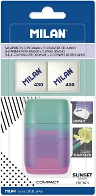Produktbild von Milan Blisterpackung Radiergummi Mit Bleistiftspitzer Kompakt Sunset+2 Ersatzradiergummis Durchsichtig Durchsichtig One Size