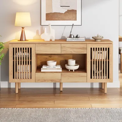 Productafbeelding van Merax dressoir met 4 lades en 2 deuren met lamellen, woonkamerkast, commode met 5 massief houten poten, opbergkast met een draagvermogen van 70 kg, gemaakt van MDF, naturel kleur