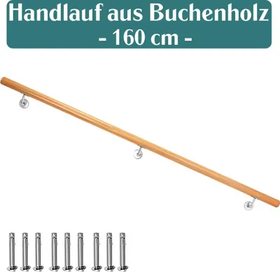 Produktbild von Buche Holz Handlauf Treppengeländer Geländer für Treppe Wandhandlauf Wand seitliche Montage Auswahl Länge 50 - 500 cm, Länge:160 cm