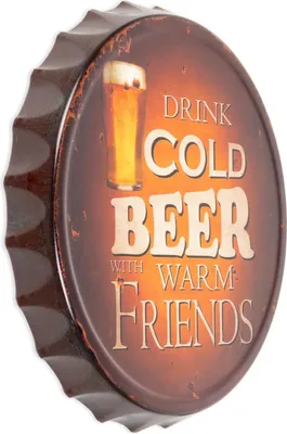 Produktbild von Blechschild Kronkorken Drink Cold Beer With Friends 33 cm Durchmesser cm Deko Schild mit Aufdruck Aufschrift