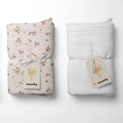 Produktbild von Muminky | Musselin Windeln - 50x60 cm - Weiß und Braune Blüten - Hipoallergen - Weich und Atmungsaktiv