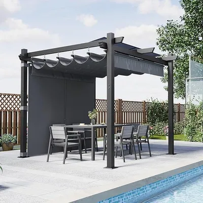 Produktbild von Aluminium Pergola mit Schiebedach, Verstellbarer Schattenfläche, UV-Schutz 50+, Pavillon 3x3 wasserdicht stabil Winterfest, Grillpavillon Metall für Gärten und Terrassen, Grau.
