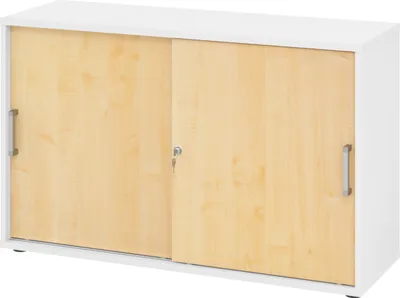 Produktbild von bümö Schiebetürenschrank office - 2 Ordnerhöhen - Griff: Chromgriff (Metall), Nachbildung: Weiß/Ahorn