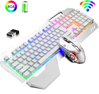Obrázok produktu pre ZELURXX Nabíjateľná bezdrôtová sada klávesnica a myš 2,4 GHz, pre hranie hier a kanceláriu, tichá, LED podsvietenie, veľká batéria, biela