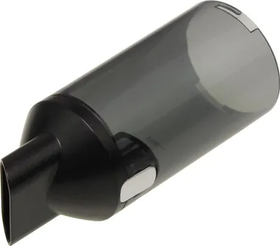 A close-up shot of a black and gray dust container for a handheld vacuum cleaner.