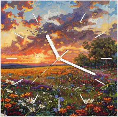 Produktbild von Wanduhr aus Glas mit Motiv Blumenwiese Sonnenuntergang- 30 x 30 cm - inkl. Aufhängesystem