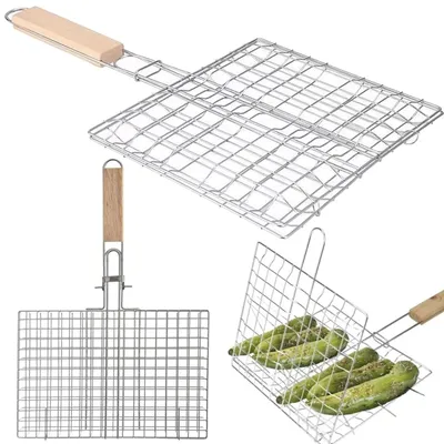Zdjęcie produktu dla Ruszt do grillowania kratka zamykana opiekacz do grilla 37x21 stal nierdzewna do mięsa ryb warzyw drewniana rączka