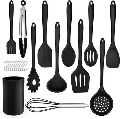 Produktbild von Unyqoos® 22‑teiliges Silikon-Küchenhelfer-Set, lebensmittelecht, hitzebeständig bis 230°C, pfannenfreundlich, spülmaschinenfest, schwarz