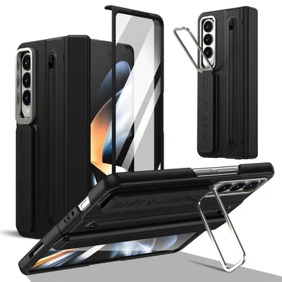 Image de Étui pour Samsung Galaxy Z Fold 4, avec support, protection de charnière, stylet et dragonne, en polycarbonate résistant, de couleur noire