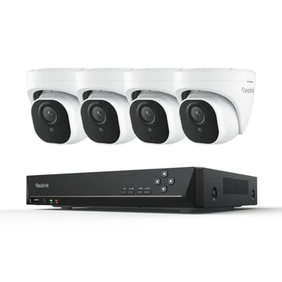 A set of four white security cameras and a black NVR device are displayed against a white background.