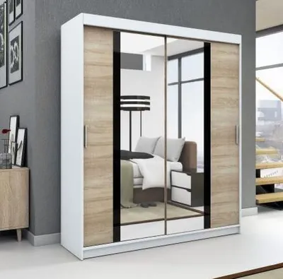 Productafbeelding van Schuifdeurenkast, 2 deuren. Moderne garderobe voor kleding. Verschillende kleuren (wit, zwart, sonoma). Kleerkast BRANI, 180 cm