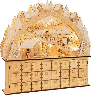 Adventskalender aus Holz mit LED, 42x41x7 cm, mehrfarbig