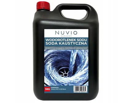A black plastic jug of chemical cleaner with a label showing a swirling drain.
