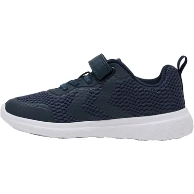 A side view of a navy blue and white children's sneaker.