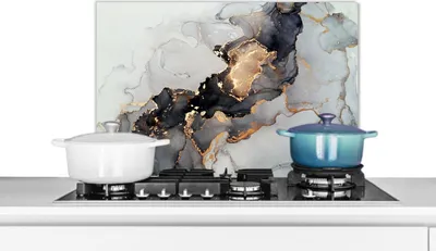 Produktbild von KitchenYeah®  Spritzschutz Küche - Küchenrückwand - Wandschutz für Herd und Spüle - Schwarz - Marmor - Luxus - Gold 70x50 - Alu-Dibond (Alternative zum Spritzschutz aus Glas) - Hitzebeständig - Herdsp