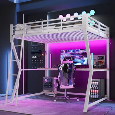 Produktbild von Hochbett mit Schreibtisch und LED-Beleuchtung, 140x200 cm, Kinderbett mit Rausfallschutz, Metallbett