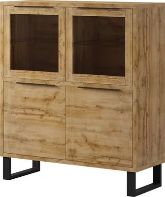 Produktbild von Furniture24 Vitrine Halle 42 Wohnzimmerschrank, Highboard, Standvitrine, Schrank, Vitrinenschrank mit 4 Türen in Wotan Eiche Nachbildung